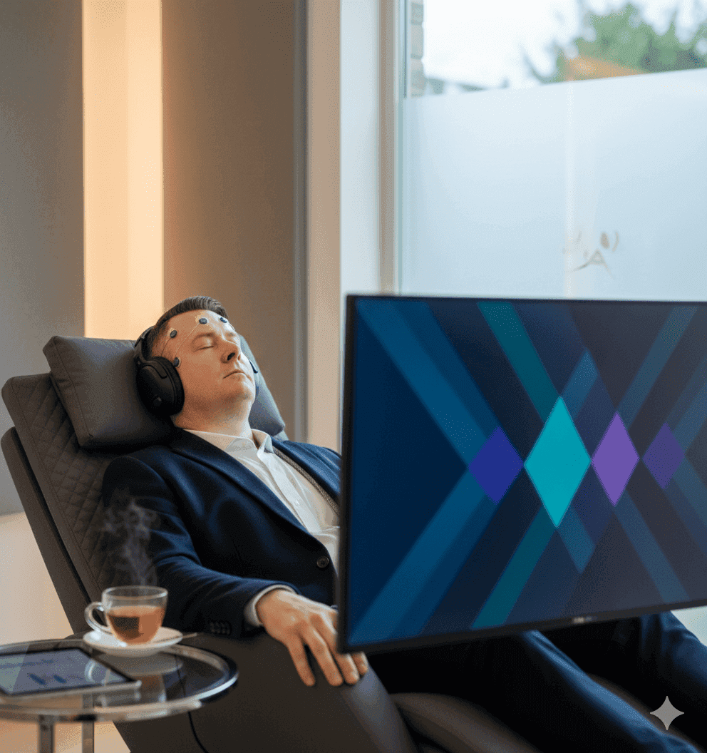Man relaxing in chair with brain sensors, watching screen. Brainwave monitoring.