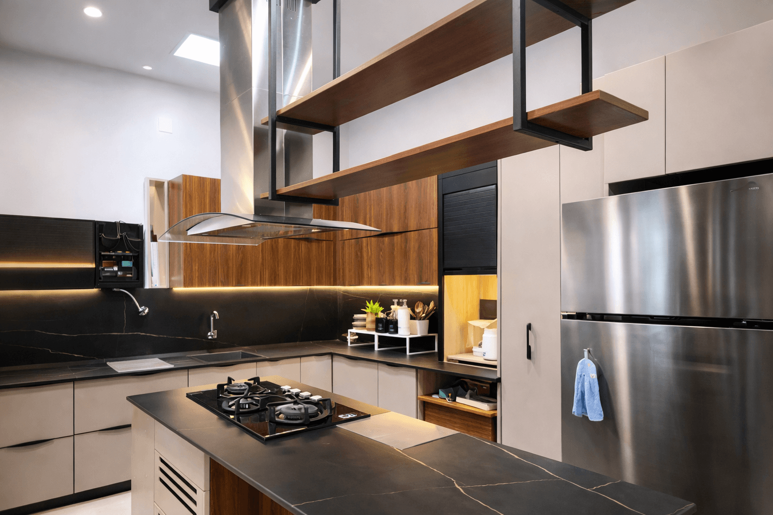 Modern two-story home with large glass windows, warmly lit interiors, and a balcony. Surrounded by trees and a manicured lawn at dusk. Cozy ambiance.