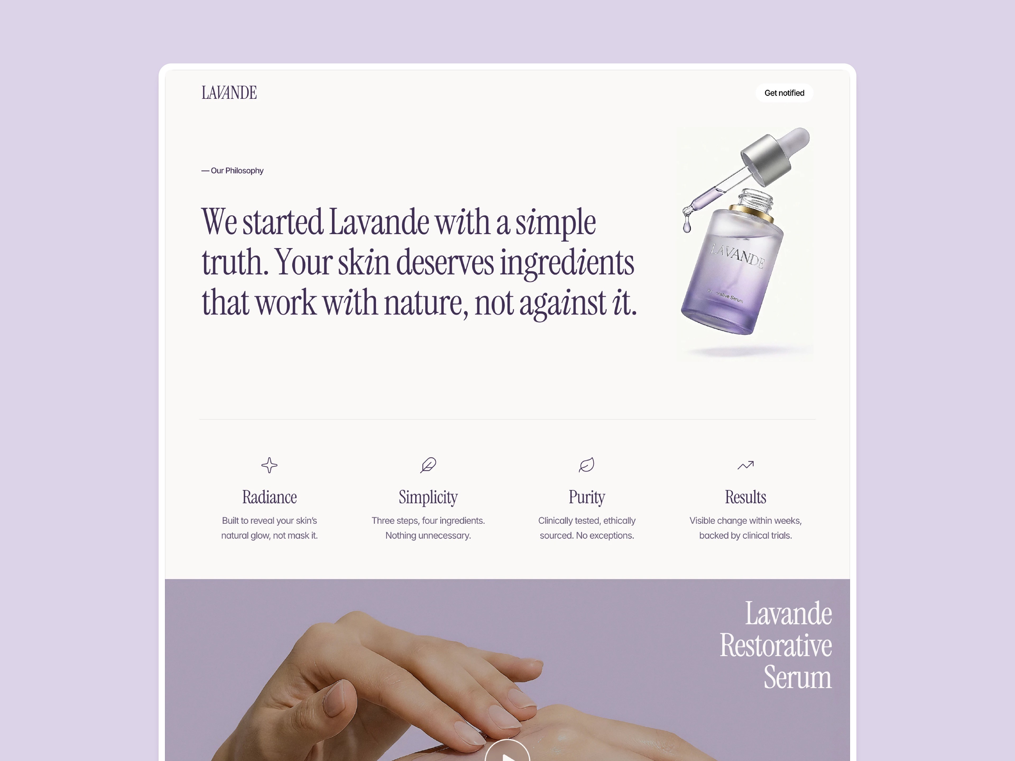 A minimalist webpage design featuring a warm-toned interior photo and text about transforming spaces.