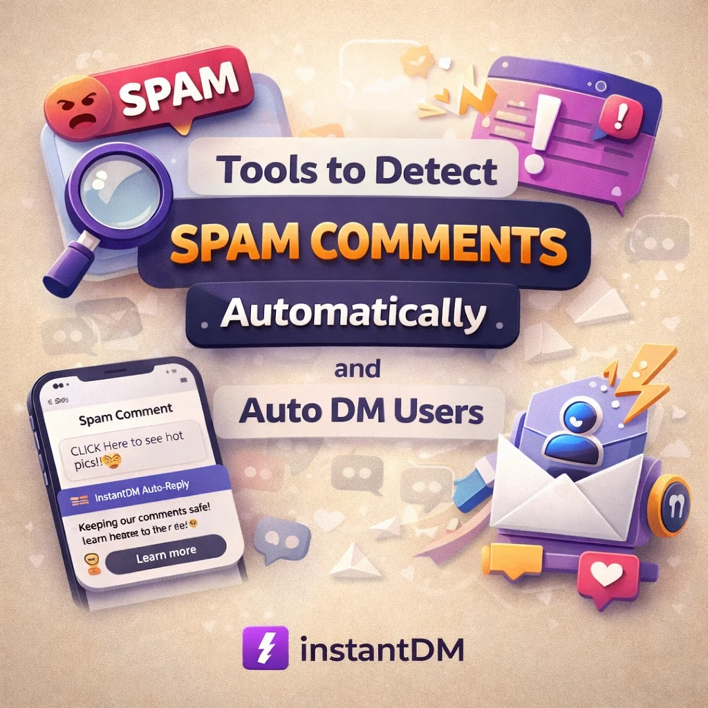 Infographic showing tools that detect spam Instagram comments automatically and auto-DM real users, with spam filtering icons, DM automation visuals, and the InstantDM logo on a beige background.