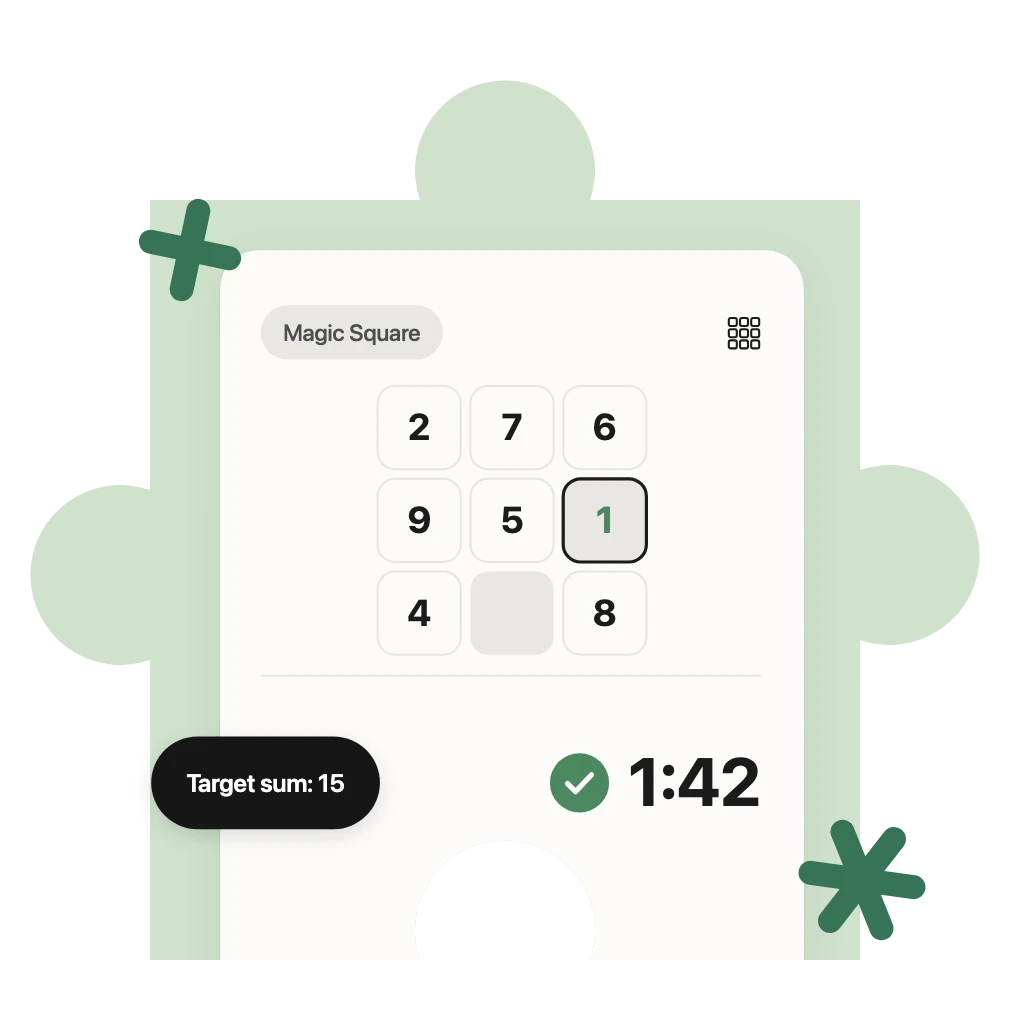 Numbio Magic Square puzzle with the target sum 15, one cell just filled with 1, solved in 1:42.