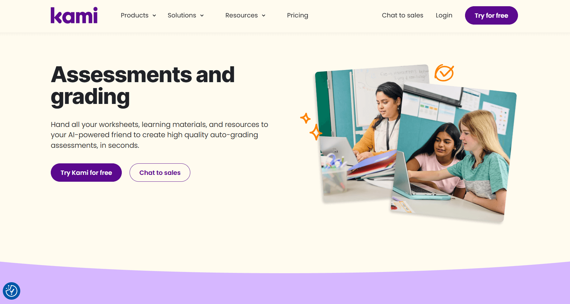 Kami webpage featuring the headline “Assessments and grading,” with buttons to try Kami for free or chat to sales and an image of students working together on laptops.