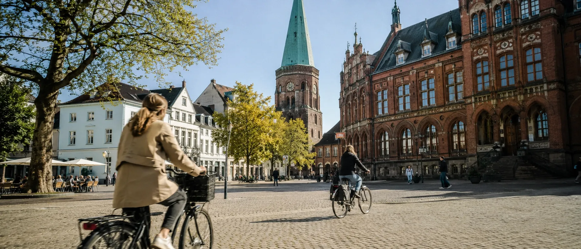 Oldenburger Innenstadt mit Lambertikirche, Backsteinrathaus und Fahrrädern im Morgenlicht