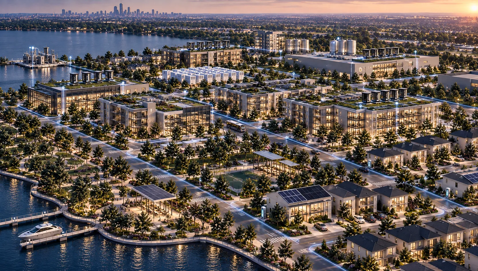 Aerial view of a Hover City at dusk with rooftop wind turbines, solar roofs, battery storage, and a glowing distribution network