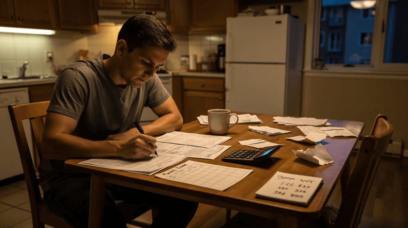 A person is seated at a kitchen table in a rented apartment, carefully reviewing financial documents alongside a calculator, focusing on their business asset finance options. The scene reflects the importance of understanding lease payments and cash flow in managing financial circumstances for small businesses.