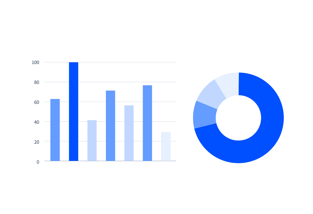 Bar and pie charts in shades of blue, representing data visualization.