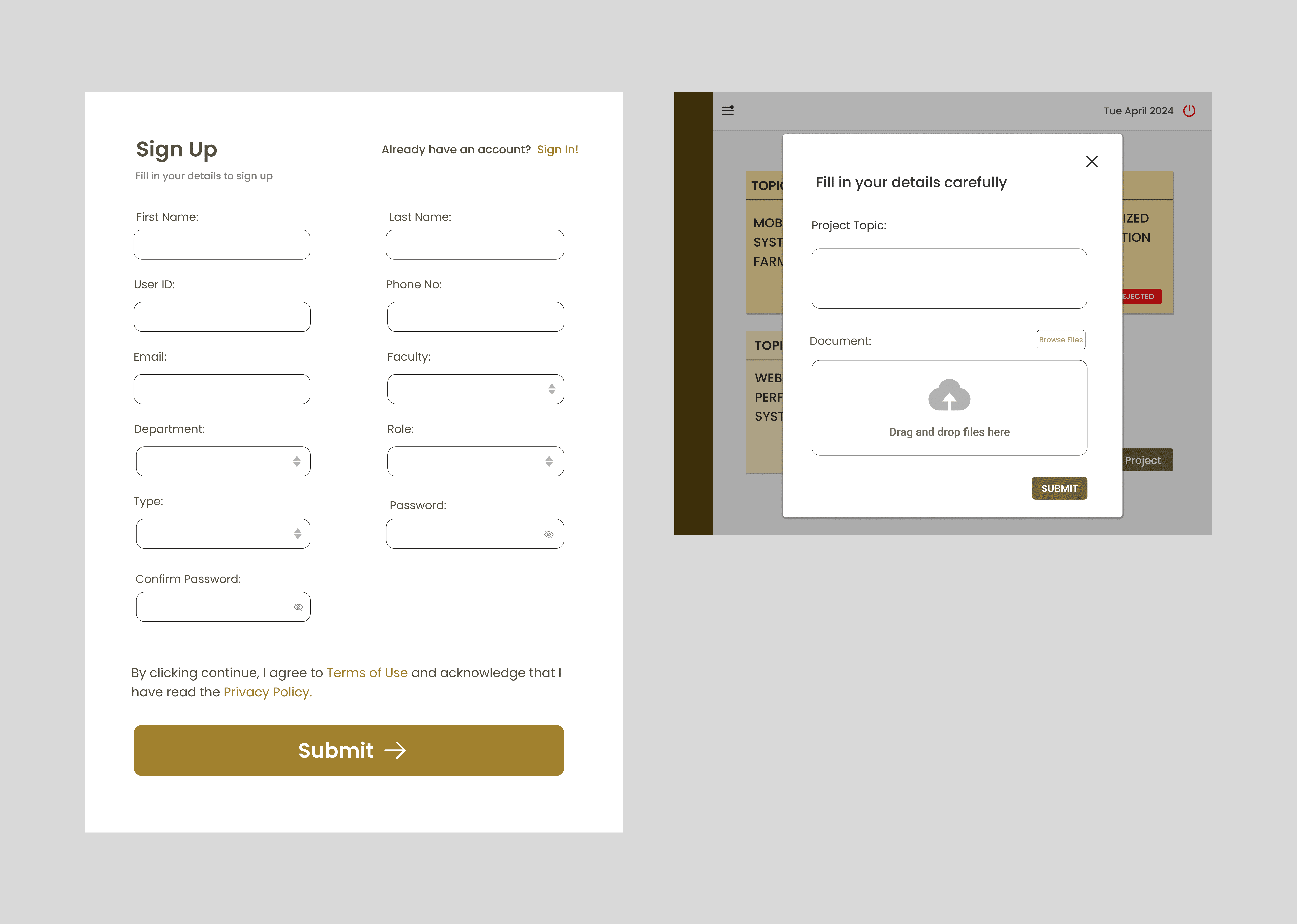 The Sign up and Upload Screens