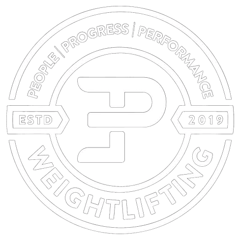 "people | Progress | Performance Weightlifting est 2019" inside a circle logo with a P in the middle