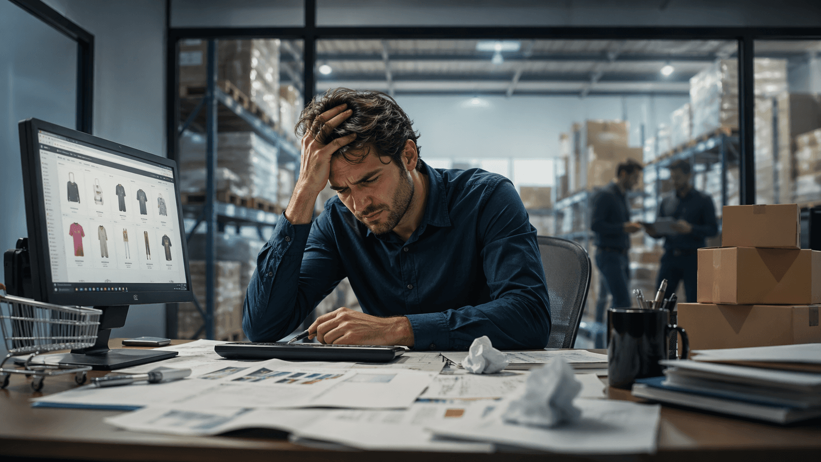 Homem sentado em uma mesa de trabalho em um ambiente que mistura escritório e estoque, com expressão de cansaço e preocupação enquanto segura a cabeça. À frente dele, um computador exibe uma loja virtual com produtos, enquanto a mesa está cheia de papéis, anotações e objetos espalhados. Ao fundo, prateleiras com caixas e dois colegas trabalhando reforçam o contexto logístico e operacional.