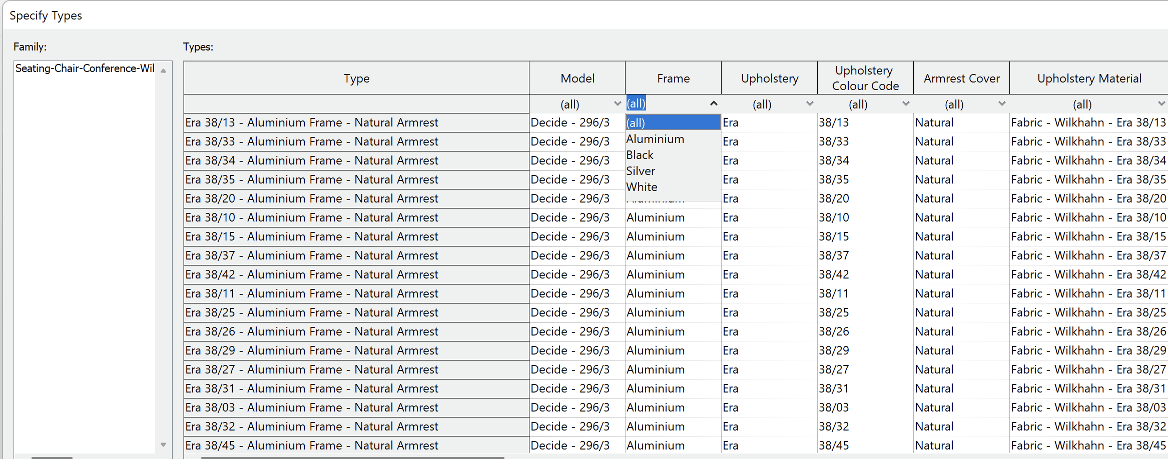 Filter types by frame material.