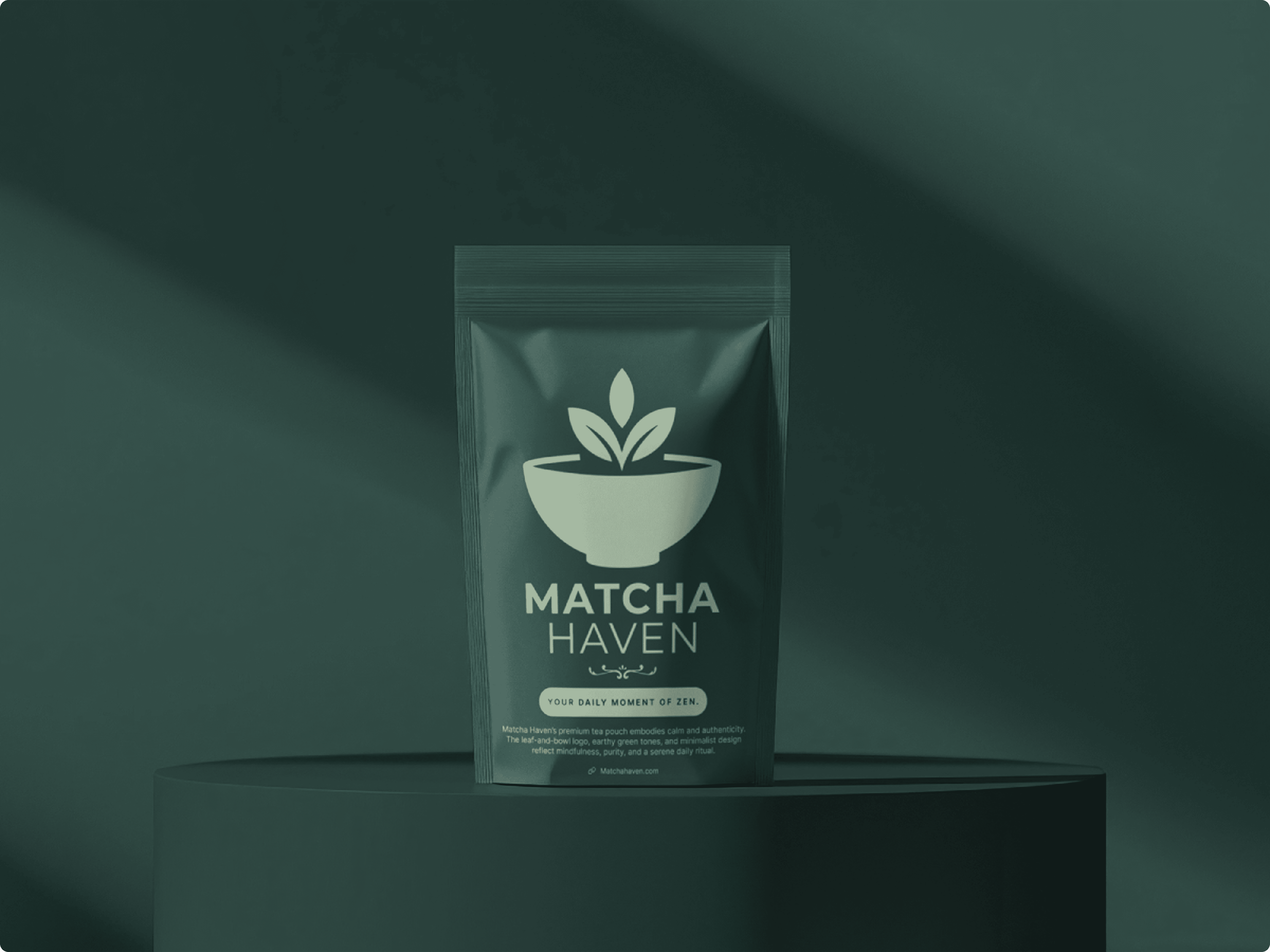 Matcha Haven organic matcha tea pouch displayed on dark green studio background