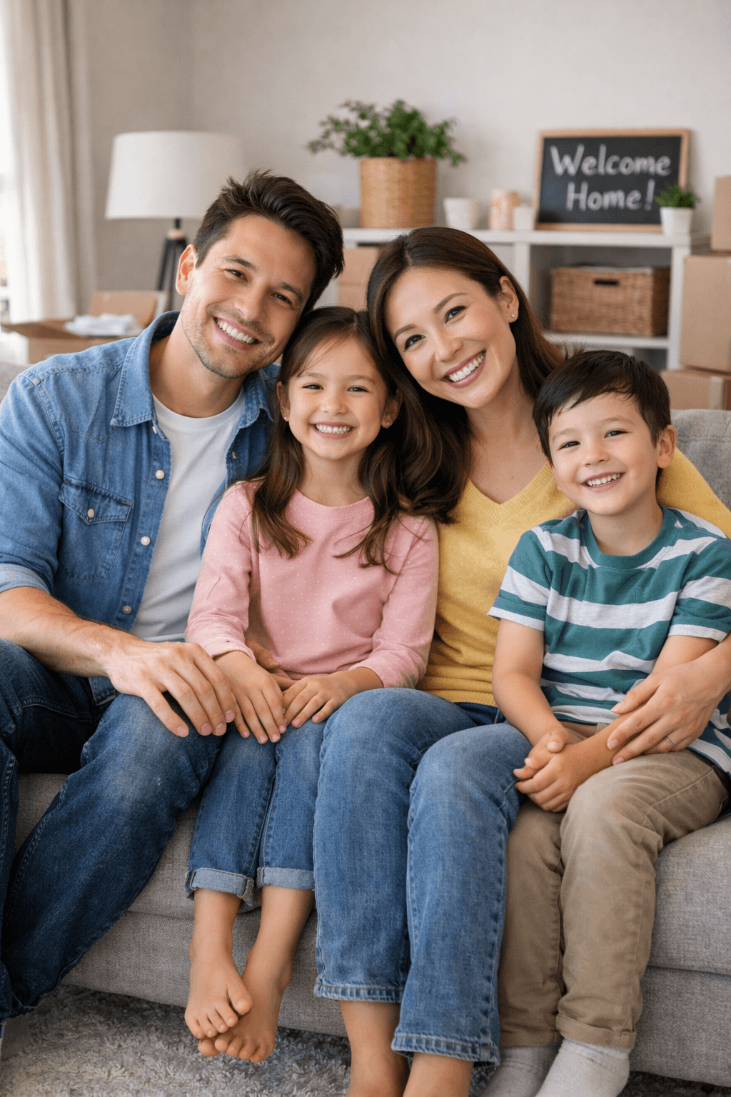 Glückliche Familie sitzt gemeinsam im Wohnzimmer ihres Eigenheims auf der Couch. Symbolbild für Wohneigentum, Immobilienkauf und erfolgreiche Baufinanzierung.