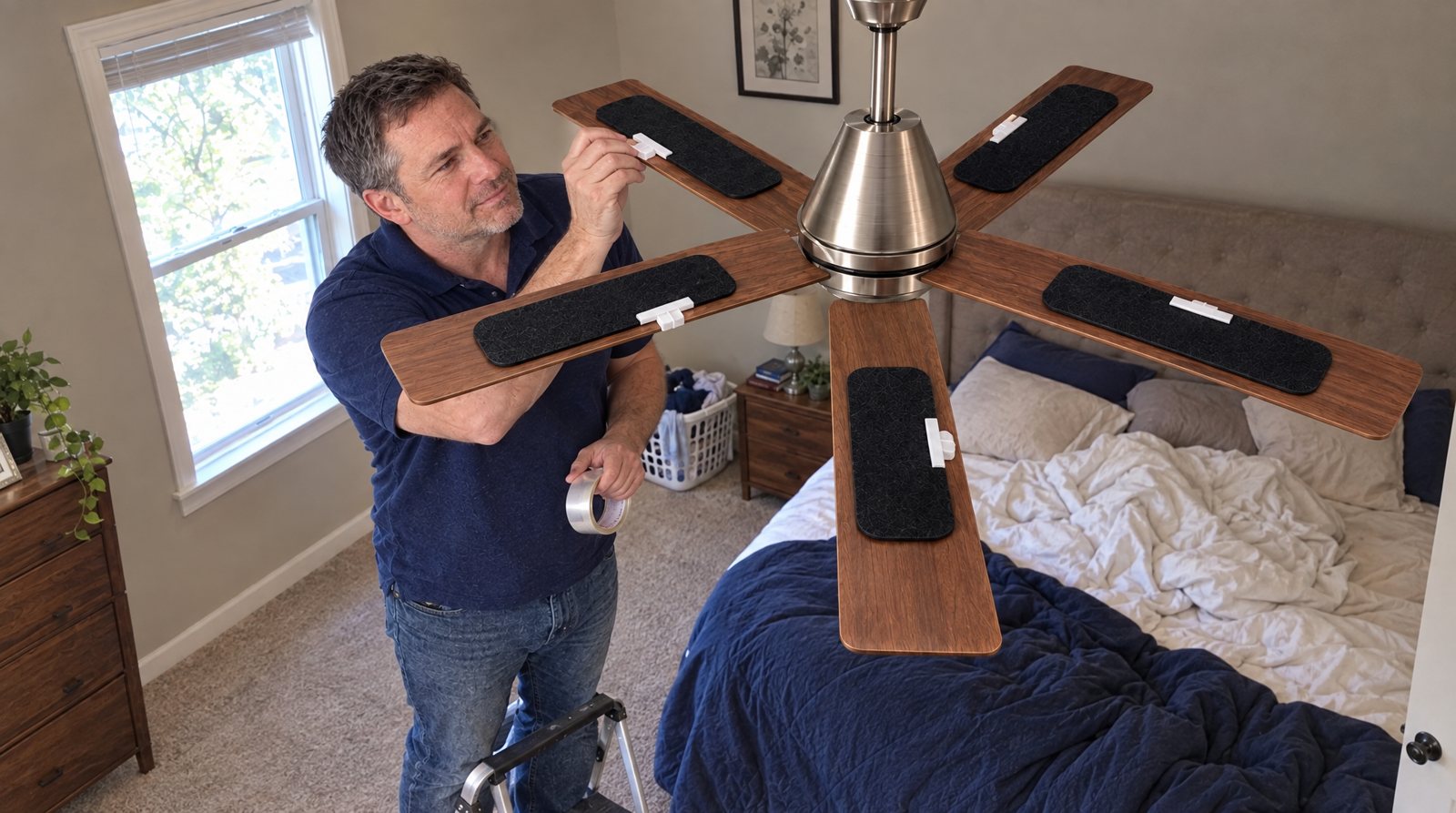 Mark on a step stool, eye level with a ceiling fan that has black Barnakl Pearl pads in white clips on its blades.