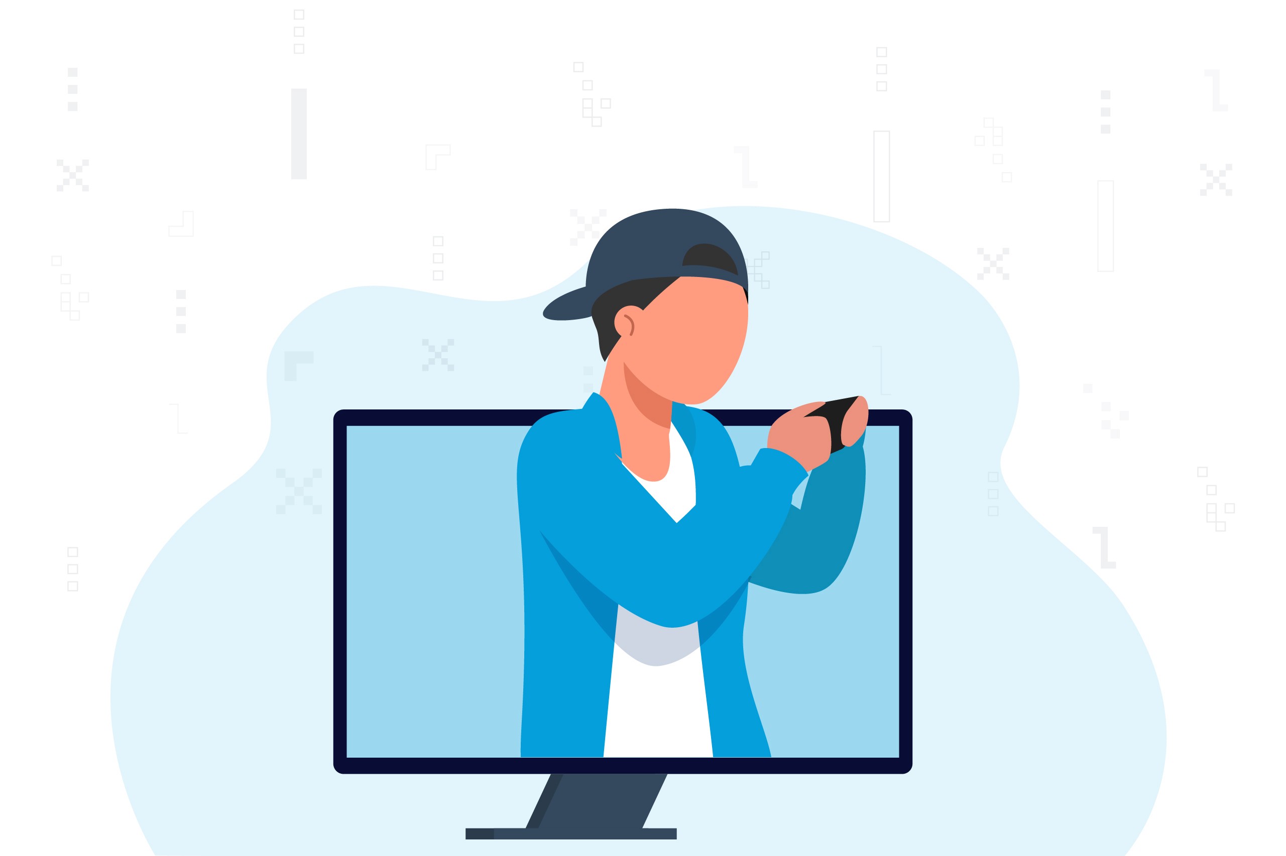 Illustration of a young man in a blue hoodie and baseball cap looking at a handheld device in front of a large monitor.