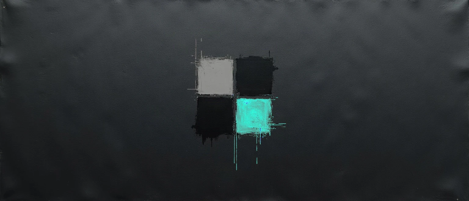 Four flat ink-brush squares in a two-by-two grid, three in dim grey and black and one glowing teal square with circuit-like traces, illustrated in Japanese minimalist ink style with teal and blue on a black background, representing how to choose between AI SDR alternatives and outbound models.