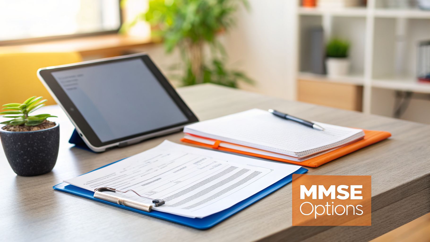 An organized desk with a tablet, documents on a clipboard, notebook, pen, and a small plant, in a bright office.