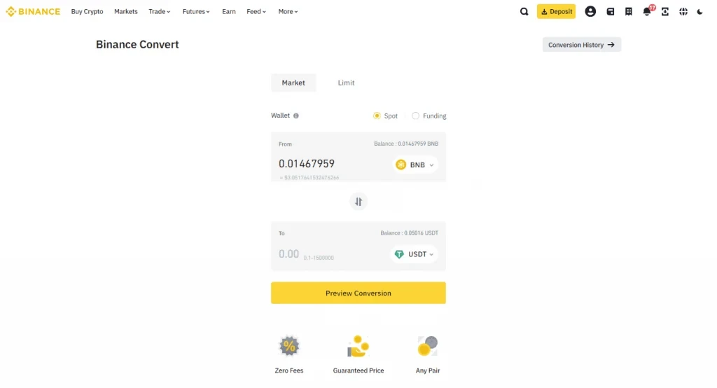 Binance Convert interface converting BNB to USDT with preview button