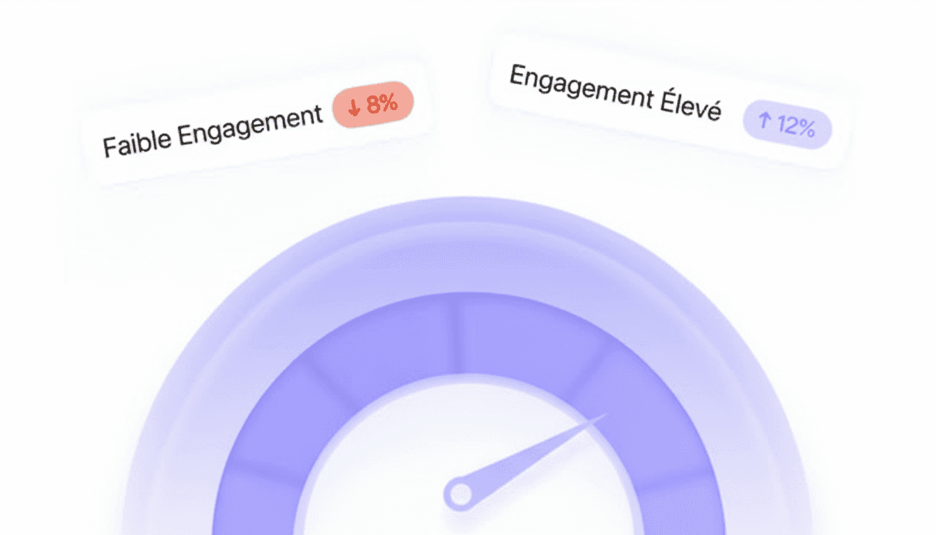 Gauge showing levels of user engagement, with tags for high and low engagement percentages.