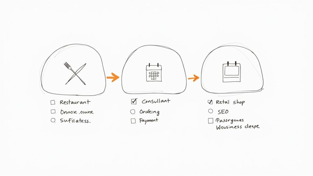 A hand-drawn flowchart illustrating a three-step process: restaurant, consultant, and retail shop, with selectable options.