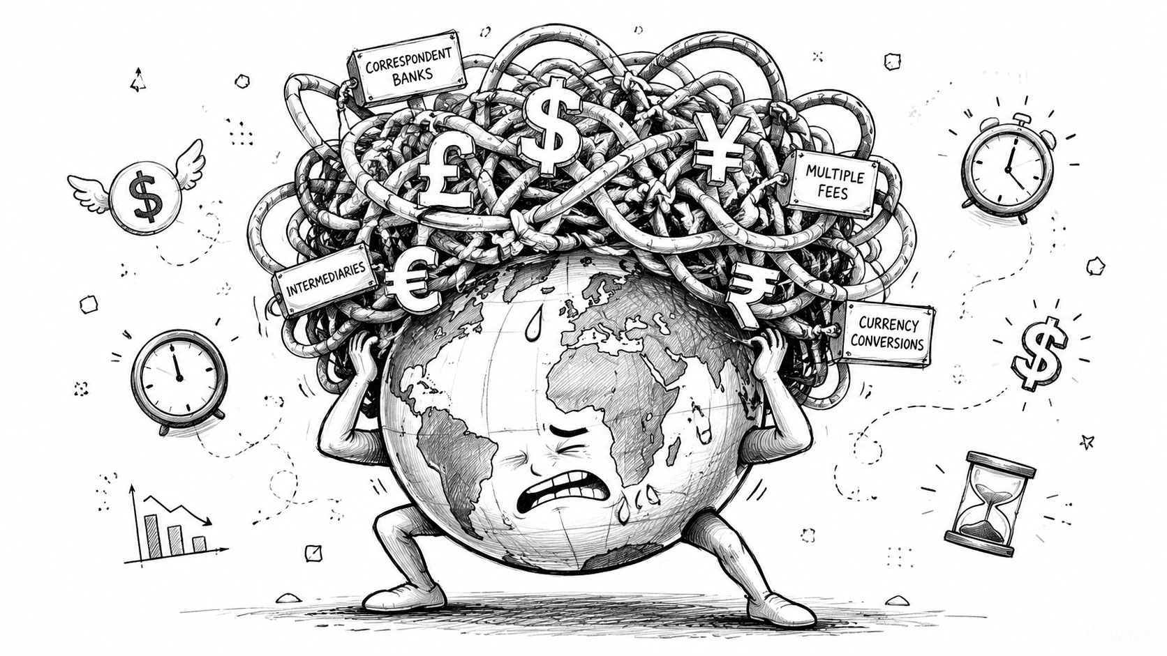 A distressed globe struggling under the weight of complex global financial systems, currencies, and banking red tape.