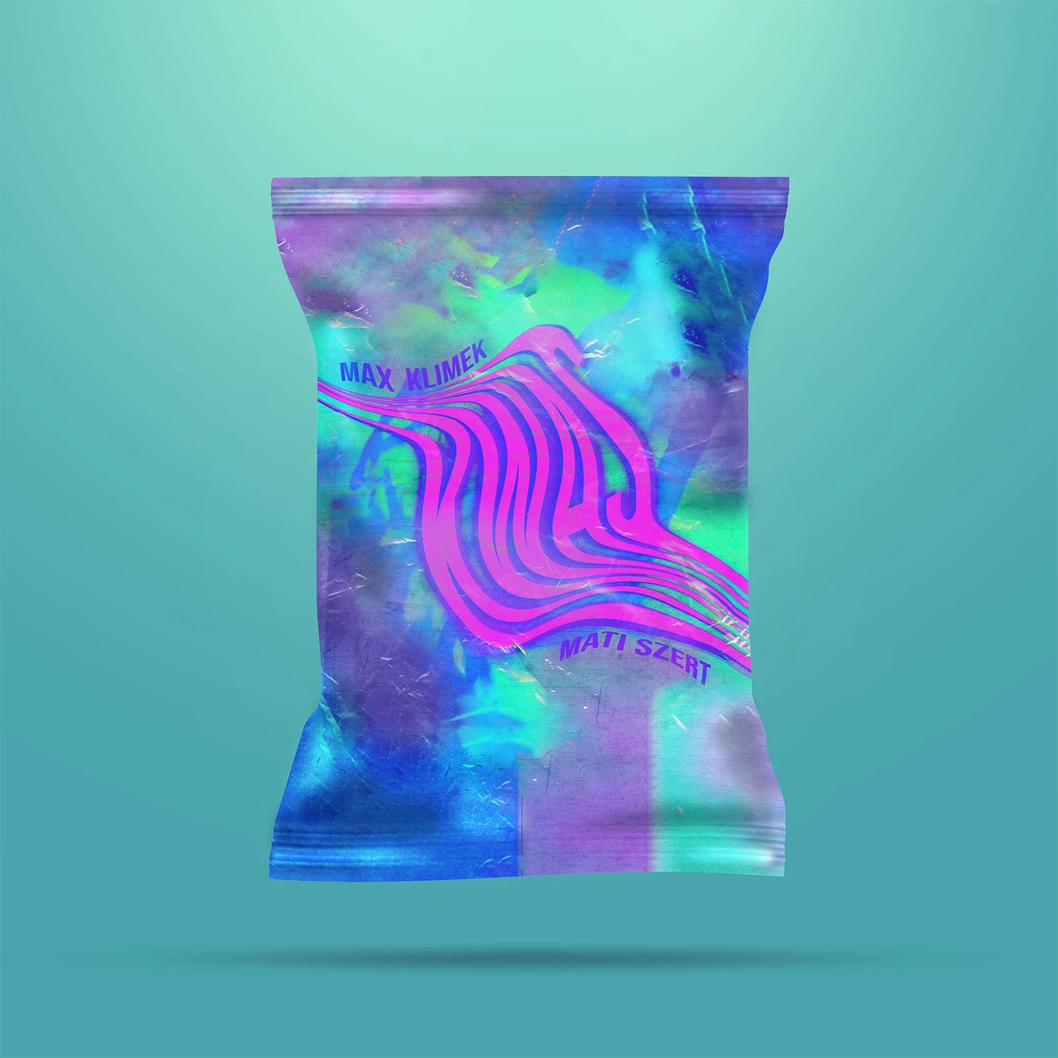 "Kwas" cover art by Max Klimek and Mati Szert — a holographic snack-bag design with a pink wavy pattern over blue and green iridescent foil.
