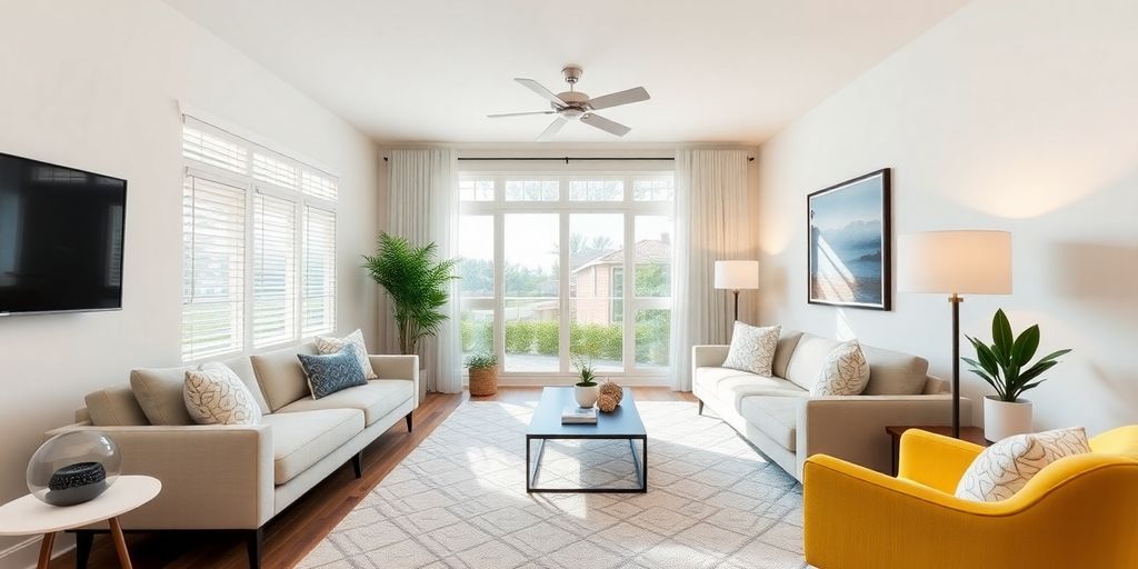 Modern living room with virtual staging for home selling.