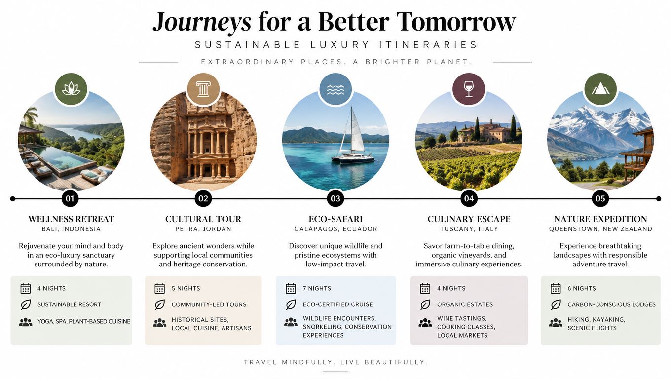 An infographic titled Journeys for a Better Tomorrow showcasing five sustainable luxury travel itineraries across the globe.