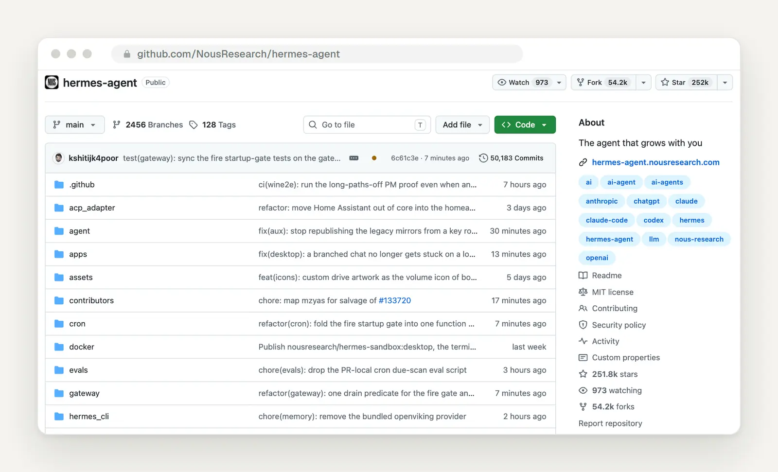Hermes Agent auf GitHub mit MIT-Lizenz und rund 252.000 Sternen