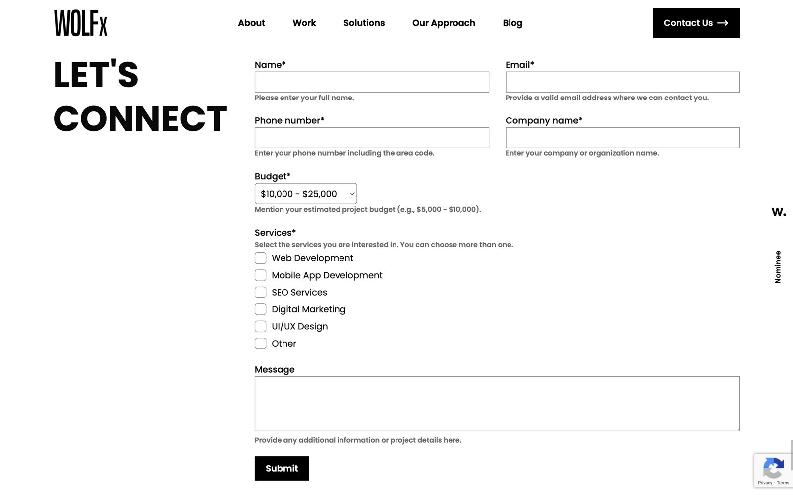 Contact form titled "LET'S CONNECT" on WOLFx website. Fields for name, email, phone, company, budget, services, and message. Submit button.