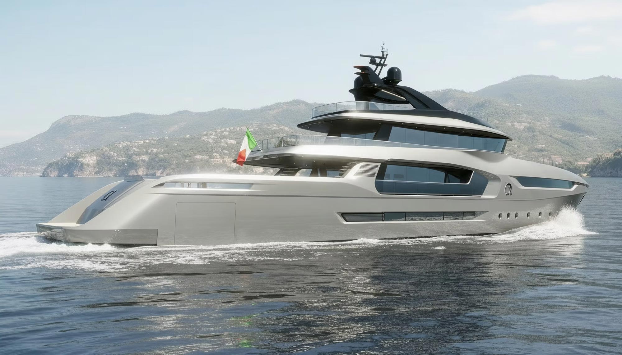 Photorealistic render of Gloss Design Auralia superyacht, 3/4 rear view