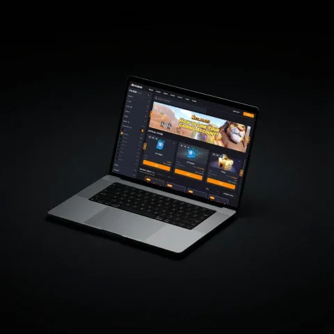 MacBook displaying Metasens NFT marketplace dark UI with game characters and token listings on black background