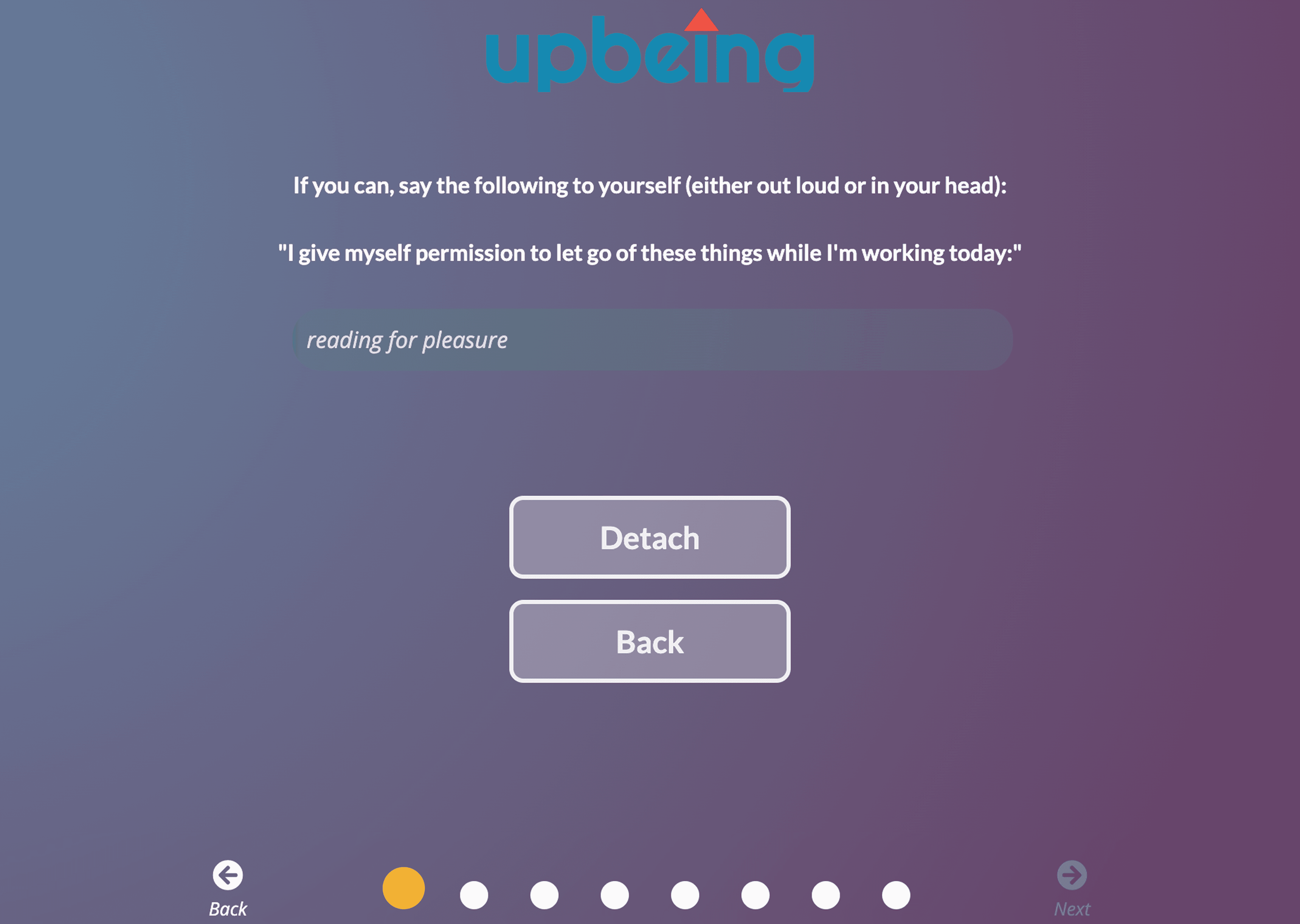 Beta setup screen for UpBeing displaying navigation options with primary and secondary actions for progressing or returning in the onboarding flow.