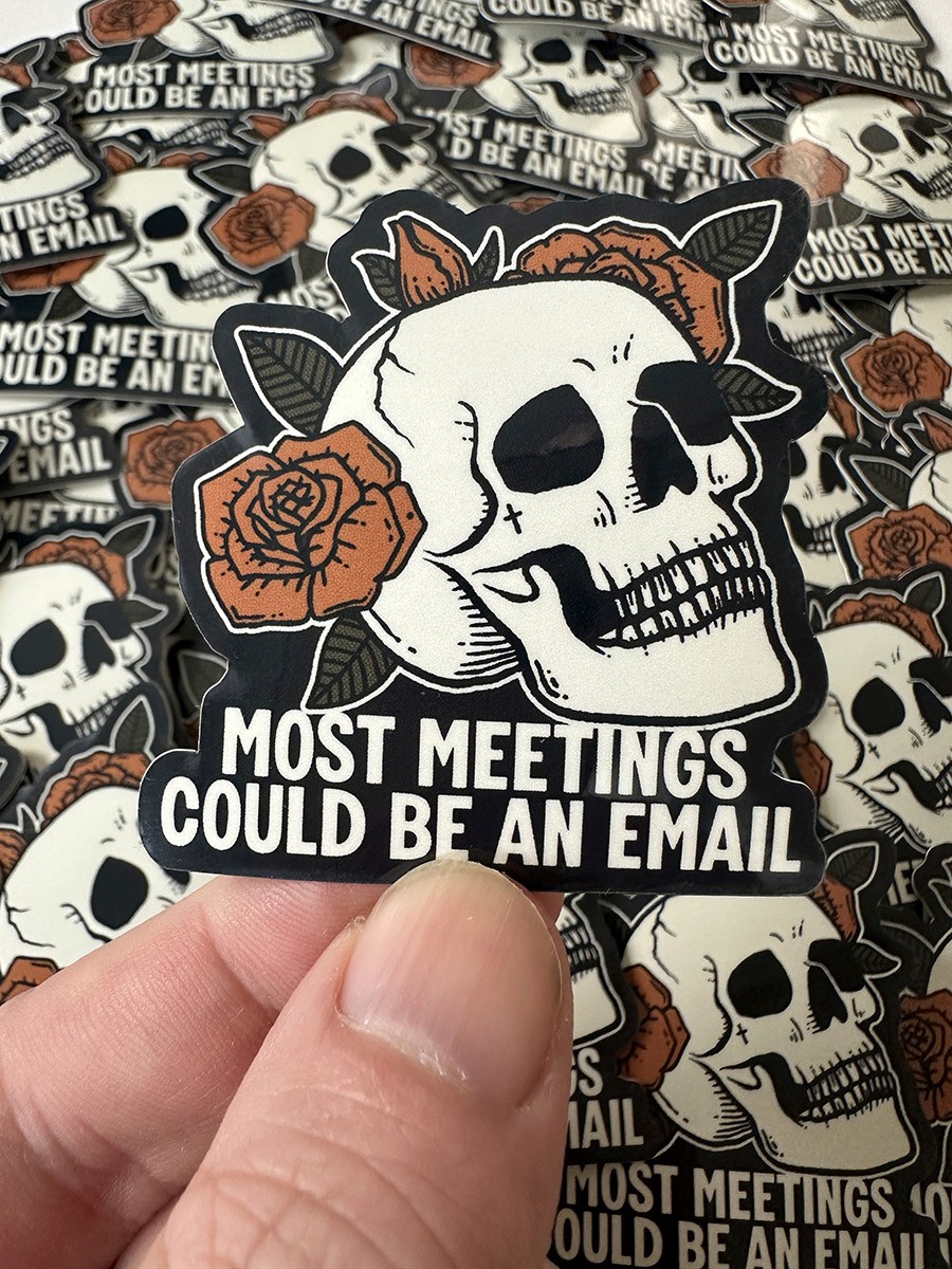 Photo of a sticker with a skull on it.