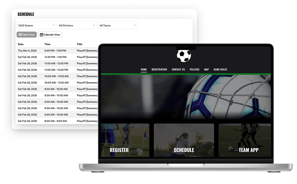 TeamLinkt soccer schedule generator showing a conflict-free season schedule and club website on desktop