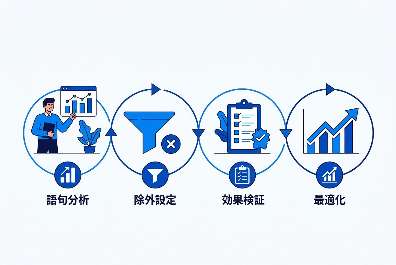 DSA運用の週次除外キーワード管理サイクル。検索語句レポート分析→除外キーワード追加→効果測定→最適化を繰り返し、配信精度を段階的に向上させる。通常3ヶ月程度で安定した配信が実現する。