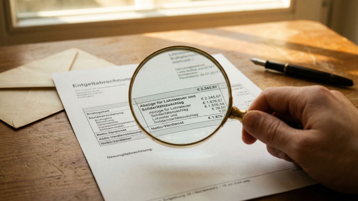 Lupe über einer Gehaltsabrechnung zeigt versteckte Details der Entgeltumwandlung	