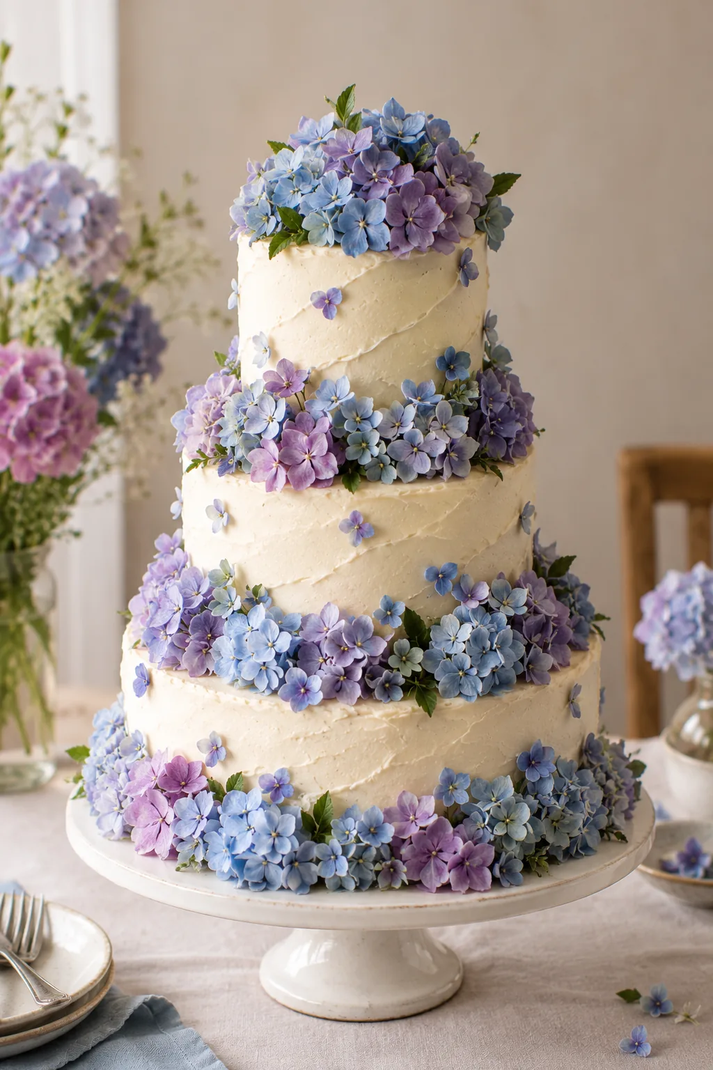 Three-tier cake with piped hydrangeas