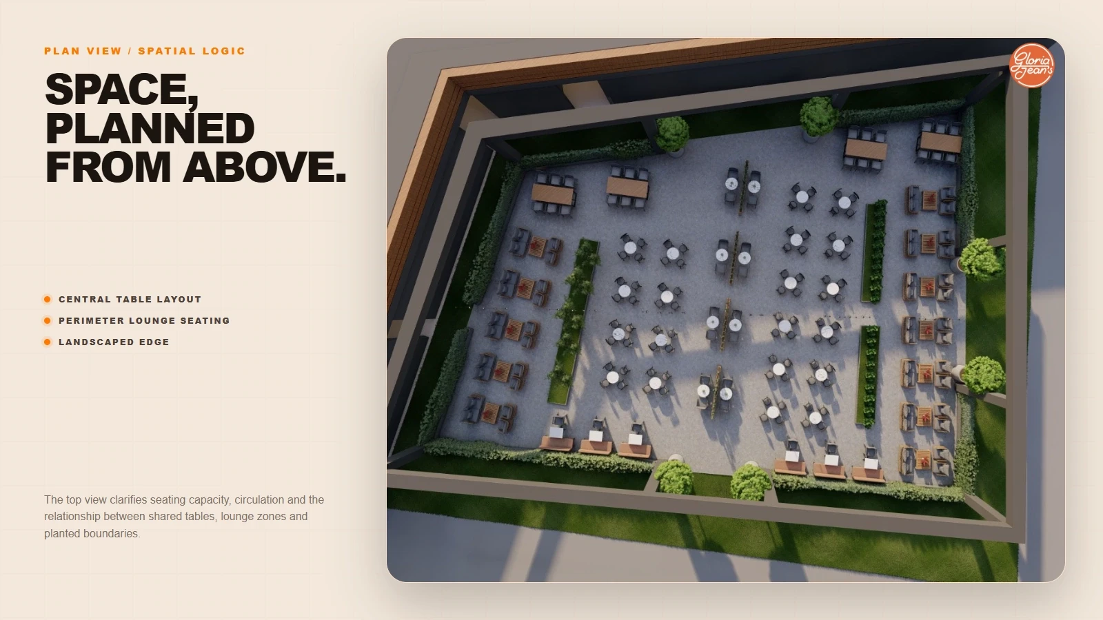 Top-down 3D site plan showing the terrace seating layout, circulation routes, lounge zones and landscaped perimeter.