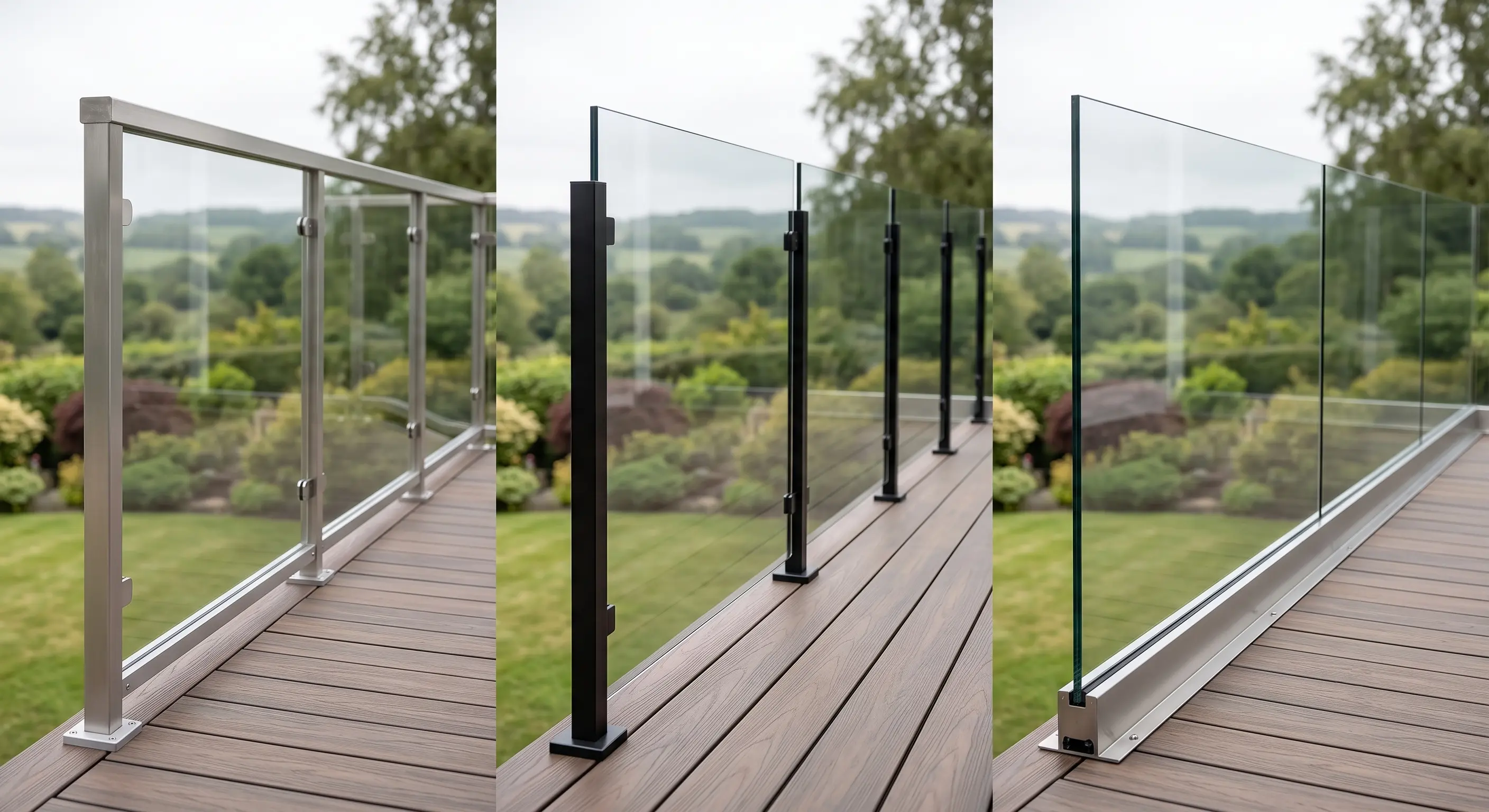 Framed, semi-frameless, and frameless glass railing systems compared, showing how each affects glass thickness requirements