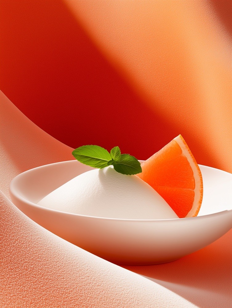 Halved grapefruit in a white bowl on a warm orange set