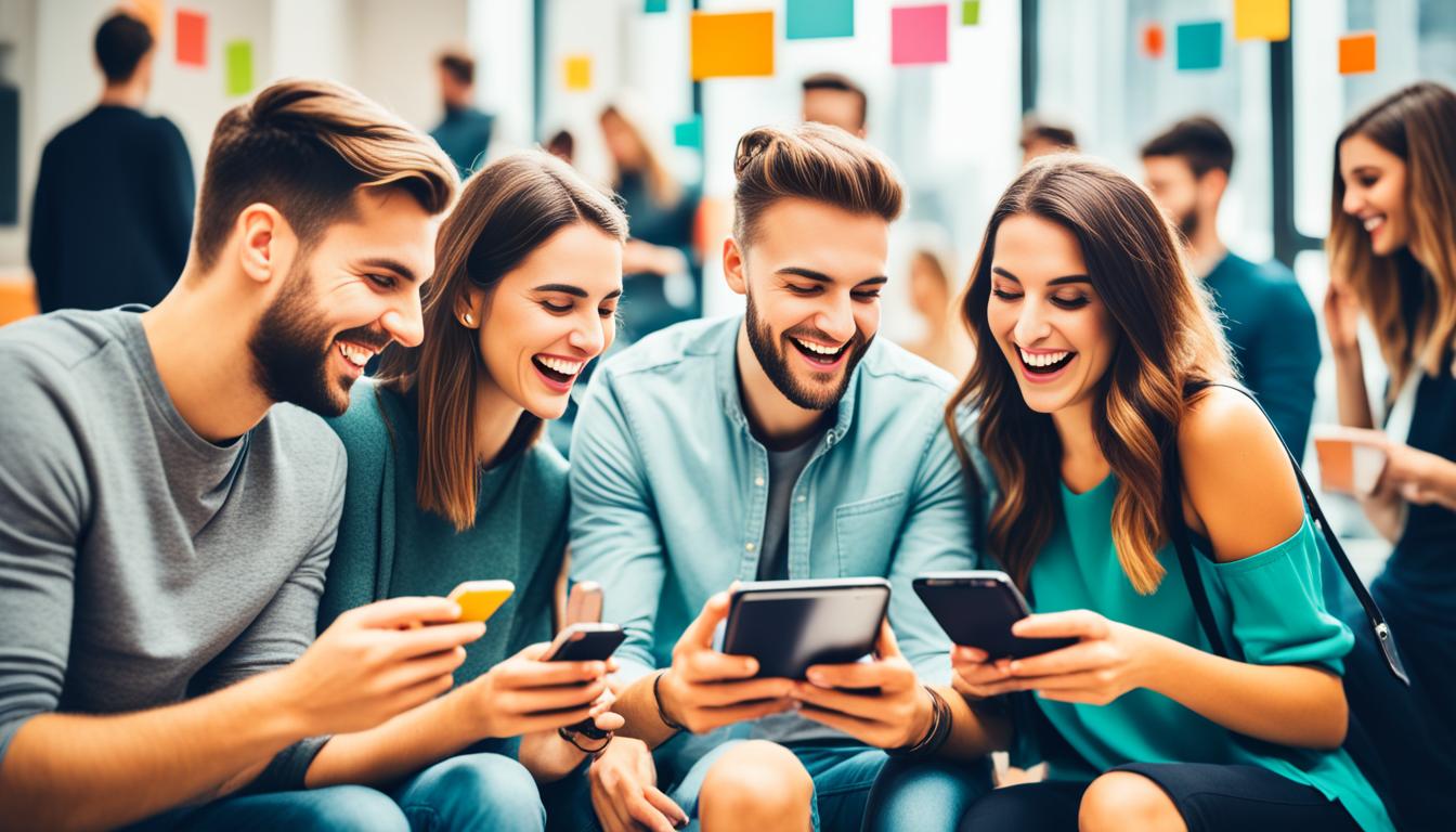 A group of tech-savvy young adults scrolling through their smartphones, surrounded by various forms of user-generated content such as photos, videos, and blog posts. Some are smiling and laughing at what they see, while others look contemplative and engaged in the content. The scene is filled with vibrant colors and has a distinctive modern feel to it.