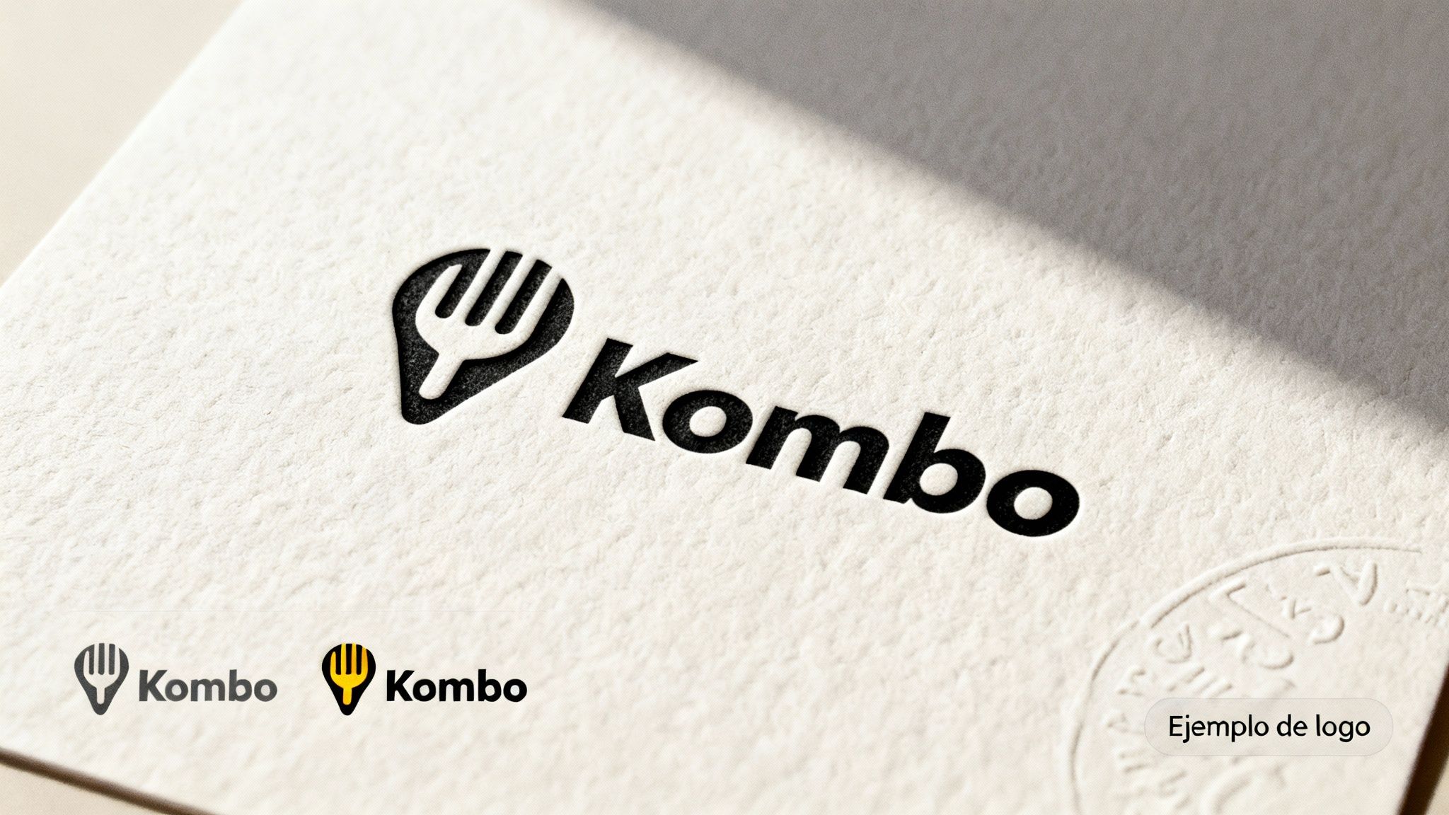 Ejemplo de imagen corporativa en un logotipo de Kombo que combina un tenedor y un pin de ubicación, impreso en papel con textura.