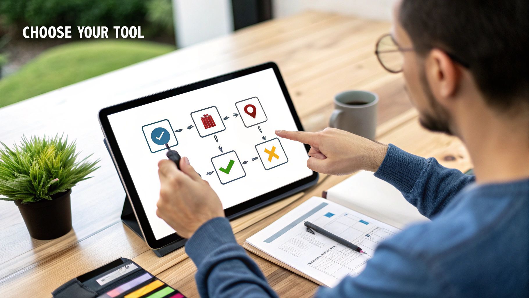 A developer making a strategic choice from several different mobile development frameworks.