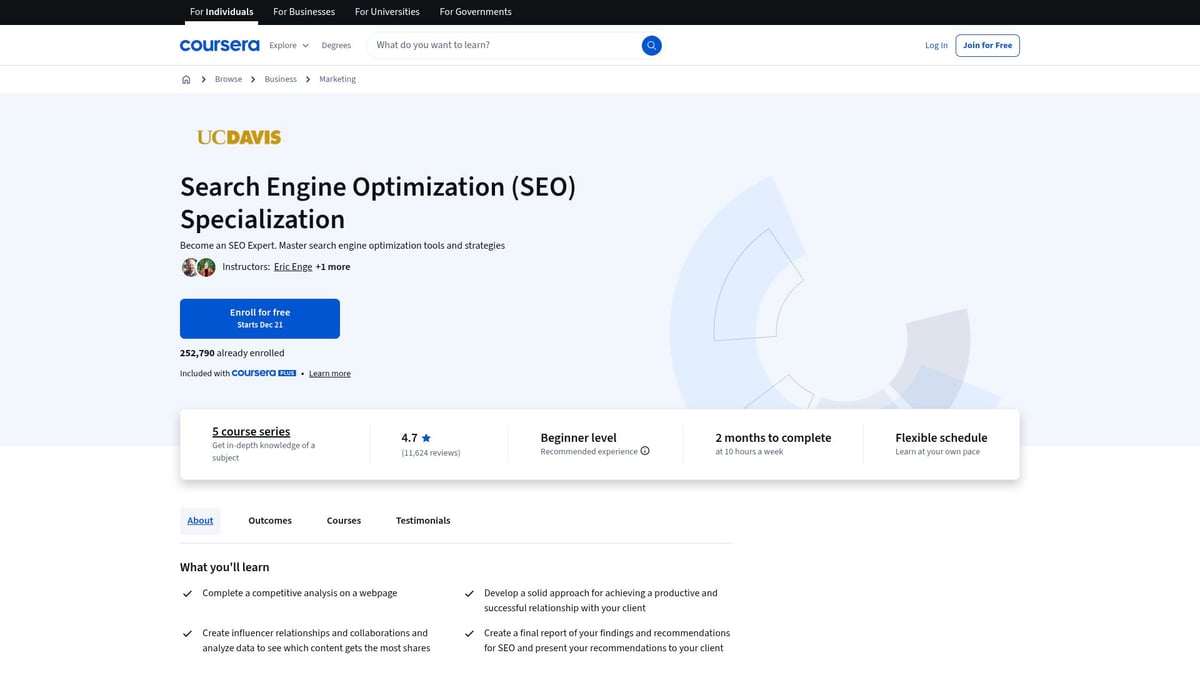 9 SEO Kurse 2026, Die Dein Online-Marketing Revolutionieren - Spezialisierungskurs Suchmaschinenoptimierung von UC Davis (Coursera)