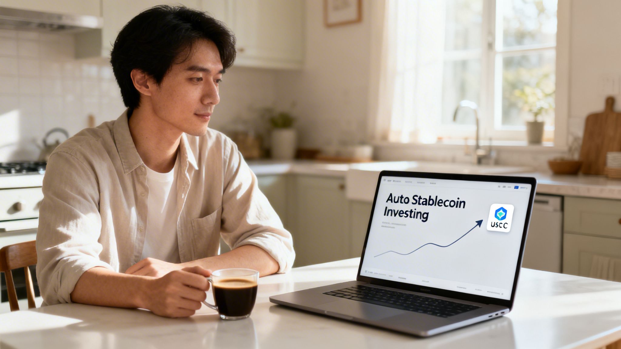 A man sips coffee, looking at his laptop showing