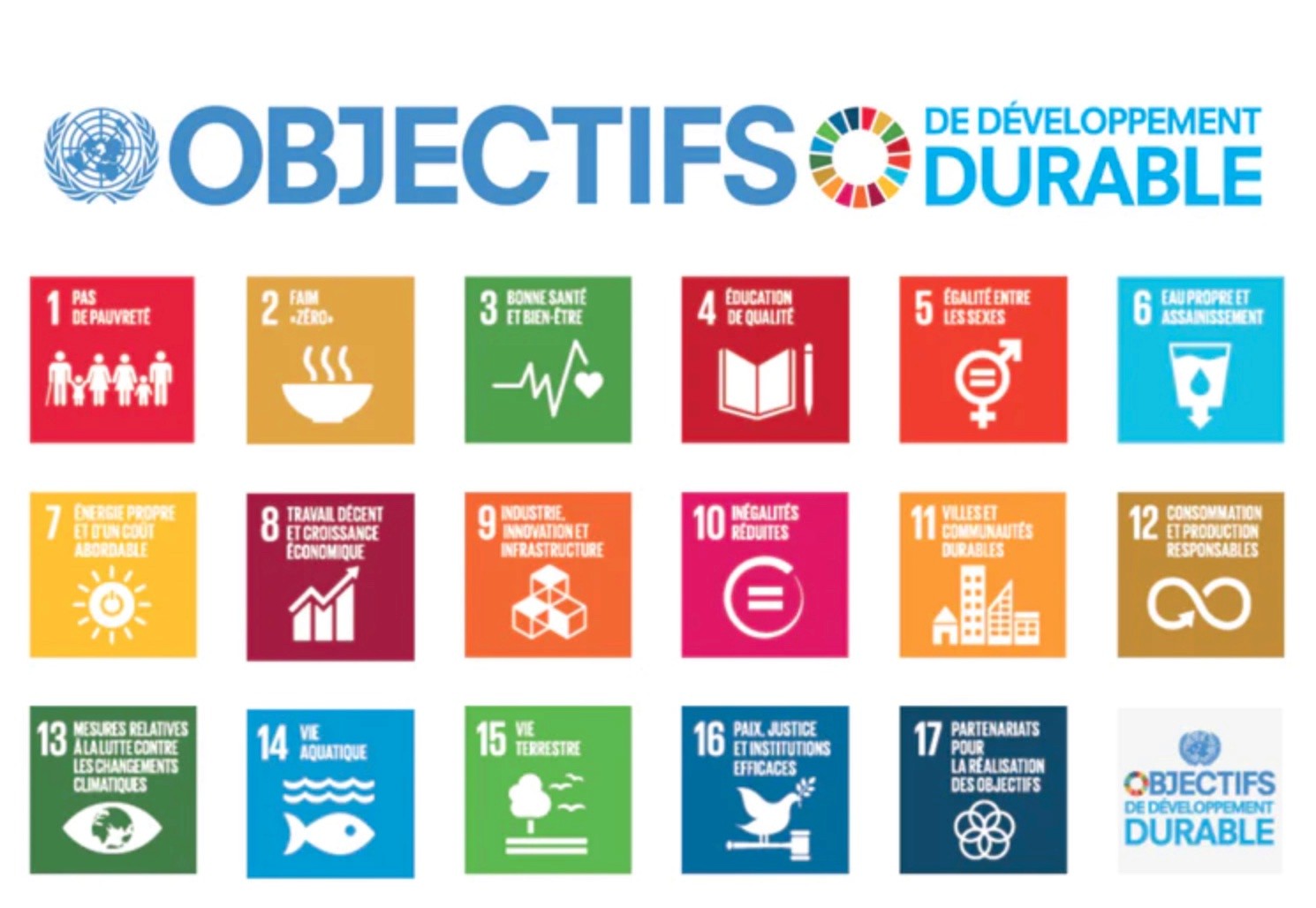 Les 17 objectifs de développement durable de l'ONU, de « Pas de pauvreté » à « Partenariats pour la réalisation des objectifs »