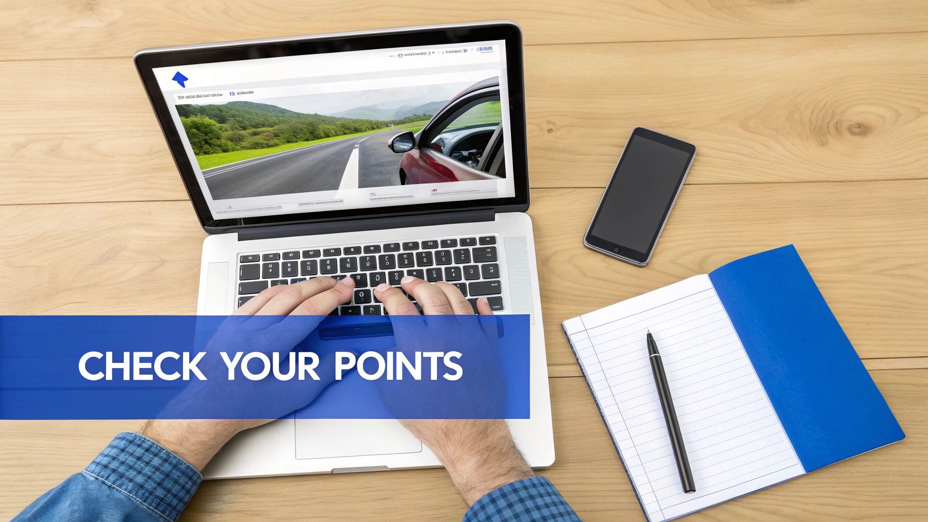 Overhead view of hands typing on a laptop, with a smartphone and notebook on a wooden desk. A blue banner with text 'CHECK YOUR POINTS' overlays the bottom.