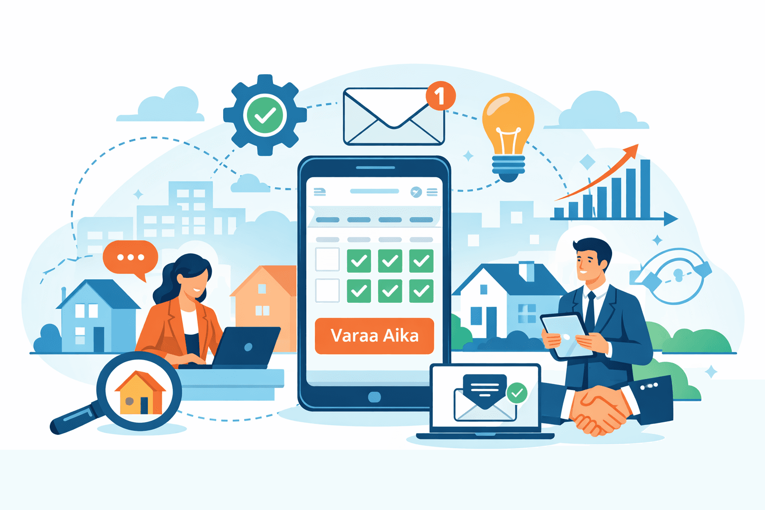 2D vektorikuvitus kiinteistönvälityksen digitalisaatiosta, jossa näkyy ajanvarauskalenteri, automaattiset viestit, välittäjät työskentelemässä digitaalisilla työkaluilla ja moderni asuinympäristö. Kuvitus korostaa automaatiota, digitaalista ajanvarausta ja tehokkaampaa liidien hallintaa kiinteistönvälitysalalla.