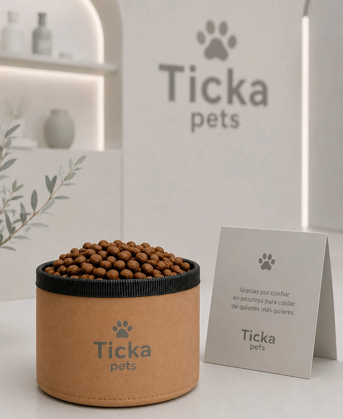 Recipiente para pienso personalizado y tarjeta corporativa con logotipo Ticka Pets