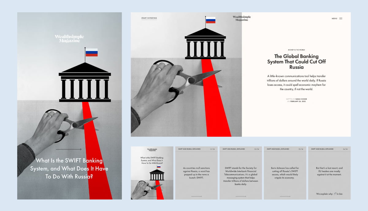 Illustration showing a hand with scissors poised to cut a red carpet connected to a bank building with a russian flag.